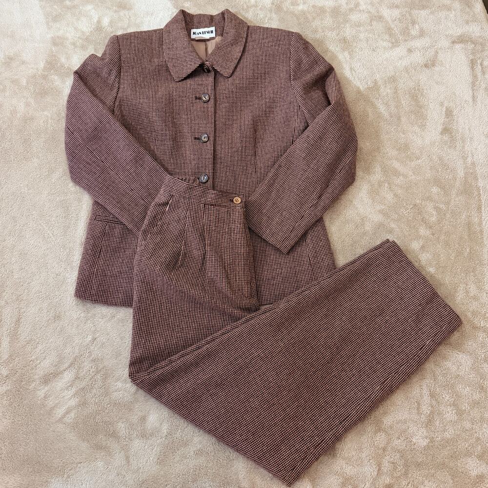 Vintage Joan Leslie Kasper Pant Wool Suit Brown Houndstooth Plaid Dark Academia